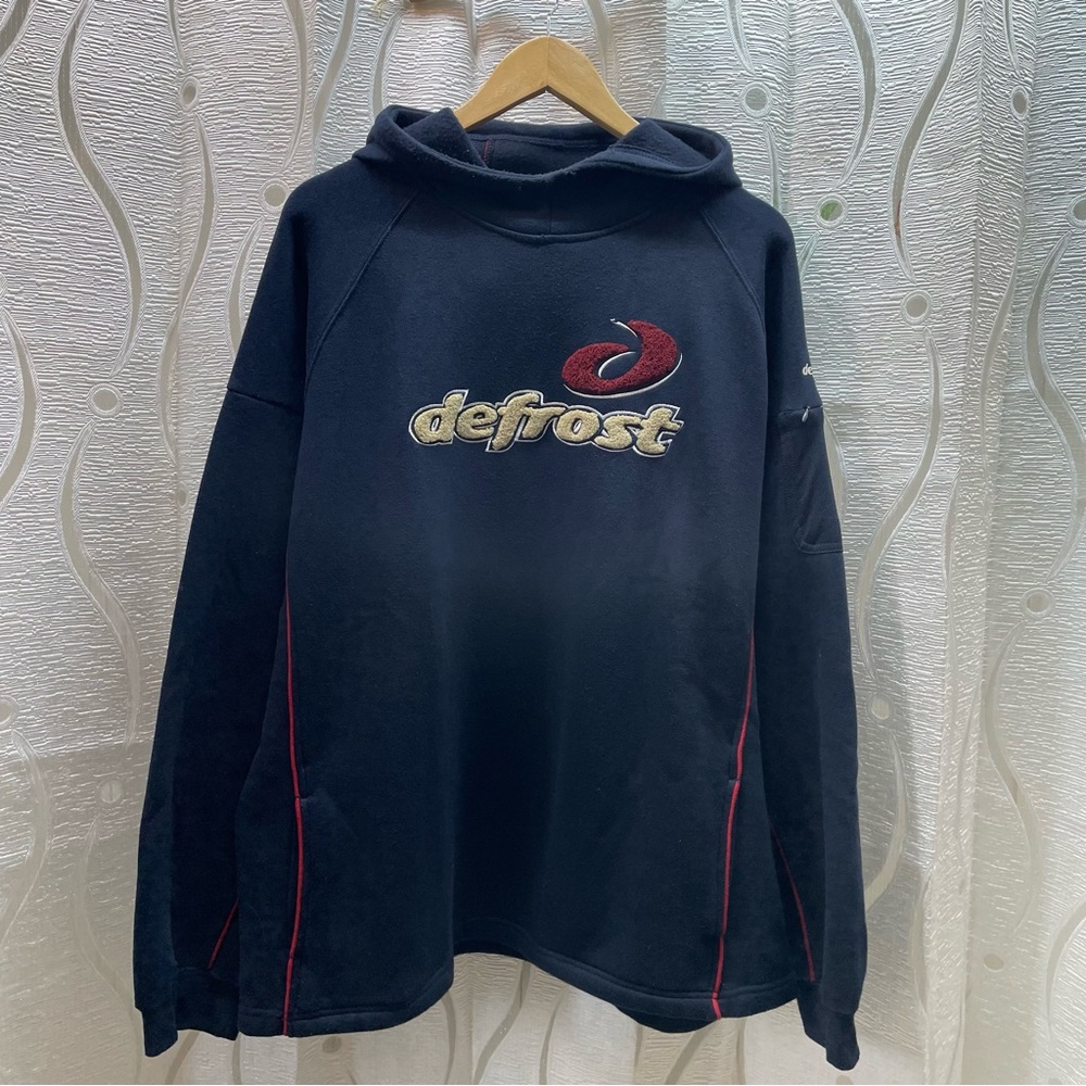 Defrost Hoodie Mens Large Navy Blue Good Chenille Logo Sleeve Pocket 7N10801DF